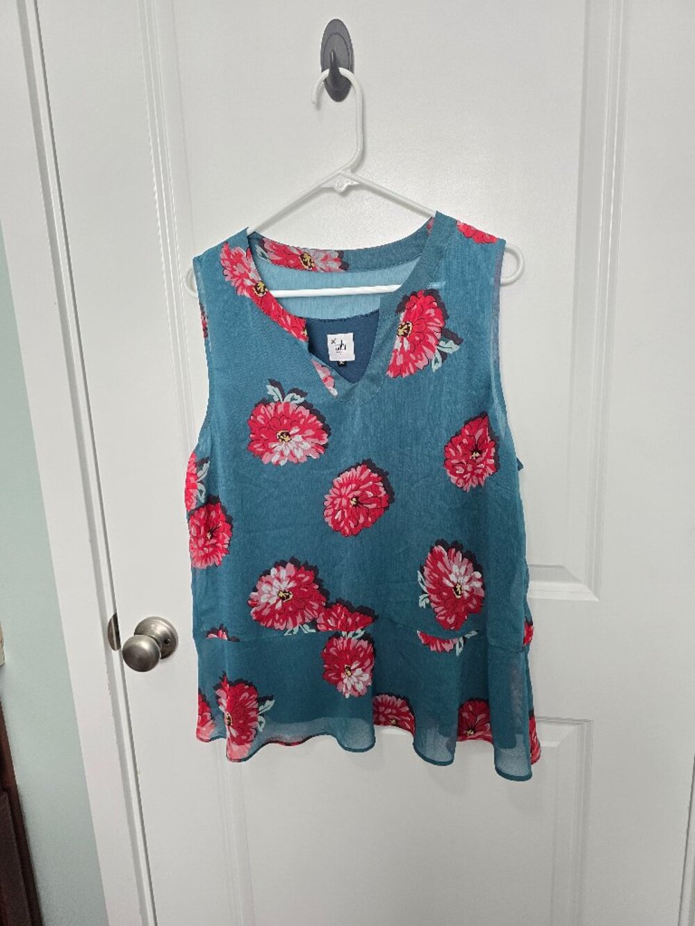 Cabi Blushing Blouse Teal Floral Layered Chiffon Top Size XL